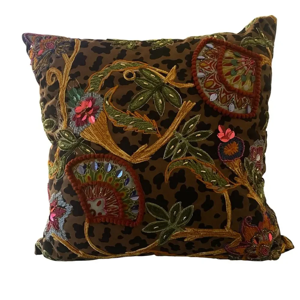 Handmade Decorative Accent Pillow with Embroidered Beaded Accents & Animal Print